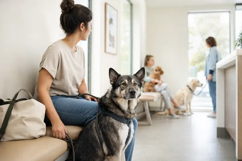 Ein Elchhund sitzt ruhig neben seinem Besitzer im hellen Wartezimmer einer Tierarztpraxis.